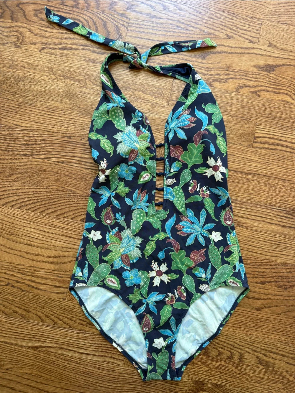 TORY BURCH‎ Blue Wisteria Garden Plunging Floral Swimsuit Halter Vacation Swim M